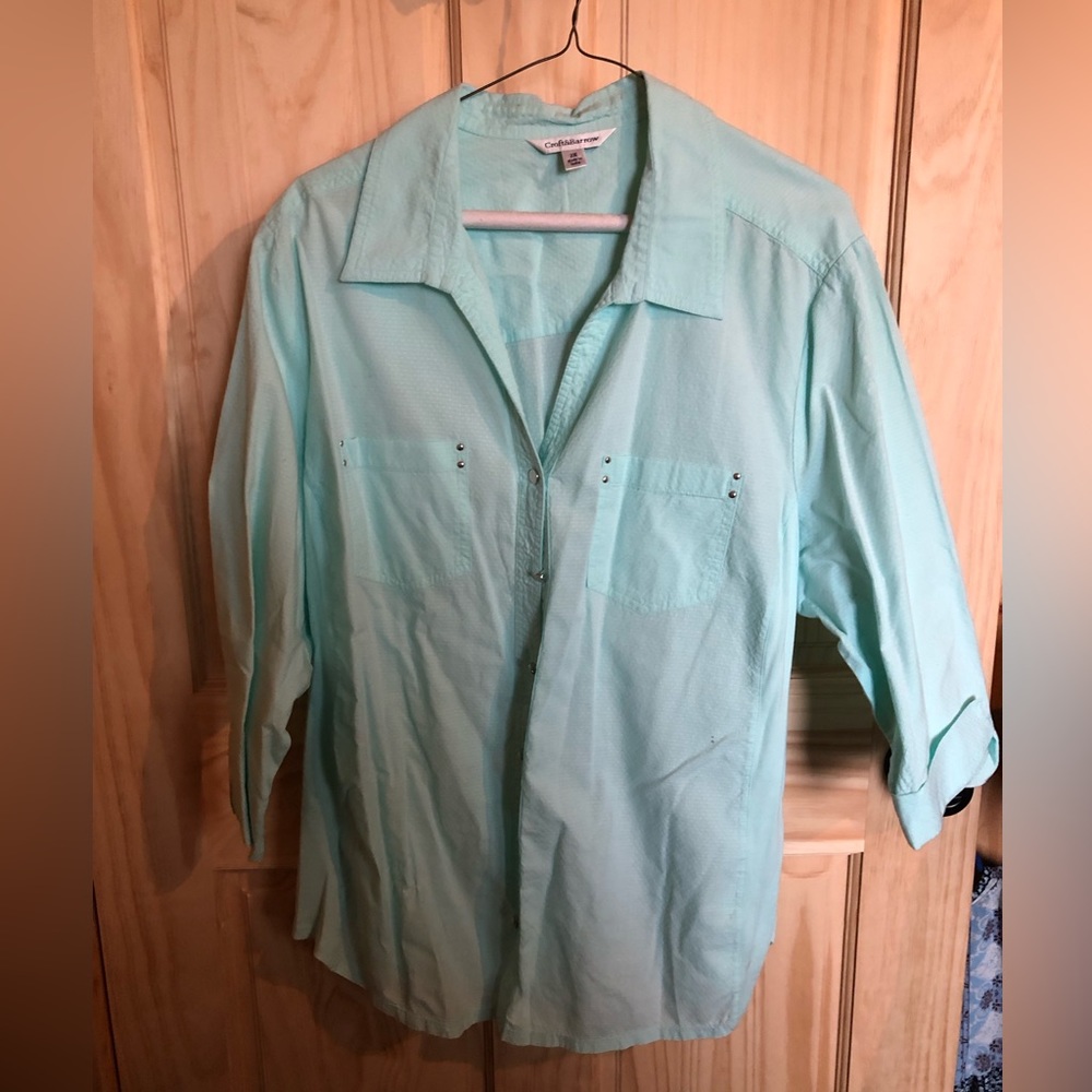 2X Seafoam green Three-quarter sleeve collar button down blouse